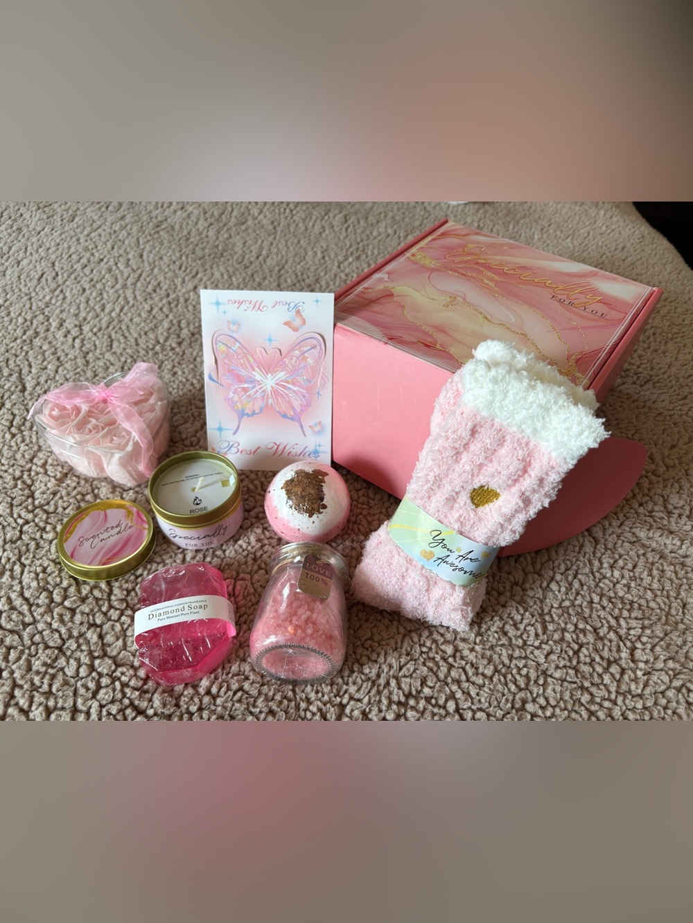 New Rose Spa 8 pc Kit – Candle, Salts, Bomb, Soap, Socks, Petals, Card, Gift Box